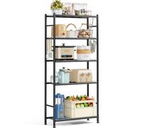 KINGRACK Étagère en métal à 5 étages avec étagères en Grille et Crochets latéraux, étagère Haute pour Cuisine, Salle de Bain, Salon, Bureau, étagère en Acier Noir avec 4 hauteurs Fixes, 84 x 32 x