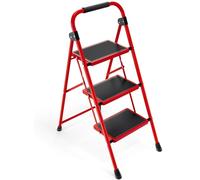 KINGRACK, petite échelle à 3 marches, échelle de marche avec surface antidérapante et large plateforme – modèle à 3 marches avec mains courantes, de couleur rouge