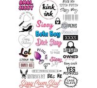 Kink Ink - 29 Tatouages Temporaires "Sissy" pour Adultes, Sexy et Coquins, Tatouages Semi-Permanents Longue Durée, Faux Tatouages de Petite à Moyenne Taille pour Hommes, sur Feuille A4