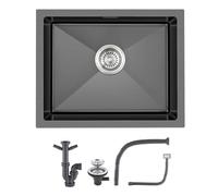 KINKIBOS Évier rectangulaire en acier inoxydable 304 gris noir 50 x 40 cm | Évier en acier inoxydable avec trop-plein et bonde complet encastré, sous-plan, 1 cuve pour meuble bas de 55 cm