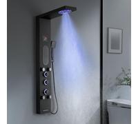 KINKIBOS Panneau de douche avec robinet, 6 fonctions, panneau de douche avec indicateur de température LED, douche à effet pluie, 2 modes, buses de massage, douchette et entrée