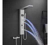 KINKIBOS Panneau de douche LED sans robinet, panneau de douche 4 fonctions avec douche à effet pluie, 3 buses de massage, douchette à main et bec de baignoire, colonne de douche en acier inoxydable