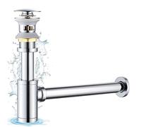 KINKIBOS Siphon avec Bonde avec Trop-plein, Laiton Universel Design Siphon Anti-Odeur pour Lavabo, Siphon Pop-Up, Bonde Vidage Syphon, Chromé