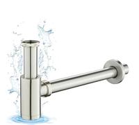 KINKIBOS Siphon universel en laiton pour lavabo - Siphon réglable 1 1/4" x Ø 32 mm - Bonde d'écoulement - Siphon anti-odeurs avec ouverture de nettoyage - Siphon de bouteille - Nickel brossé