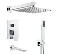 KINKIBOS Système de douche encastré à montage mural, 3 fonctions avec pommeau de douche haute pression de 25 cm, douchette à main et bec de bain, ensemble mitigeur de douche en laiton, chromé