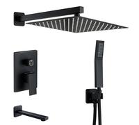 KINKIBOS Système de douche encastré noir à fixation murale, système de douche 3 fonctions avec pommeau de douche à effet pluie de 25 x 25 cm, douche à main haute pression et bec de bain, mitigeur de