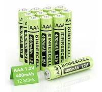 KINREECELL Lot de 12 piles solaires rechargeables AAA NI-MH Triple A de capacité réelle 1,2 V préchargées pour lampes solaires, guirlandes lumineuses, lampadaires solaires (AAA 400 mAh, lot de 12)