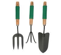 Kinzo Ensemble Outils de Jardinage 3 Pièces - Râteau Main, Fourche et Pelle - Poignée Confortable et Revêtement Antiadhésif - Outils Jardin pour Pots et Petits Espaces
