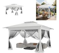 Kiosque de jardin XMTECH, kiosque pop-up 3 x 3 m avec toit de 4 x 4 m, protection UV, résistant au vent, hauteur réglable, tissu Oxford 210D, blanc