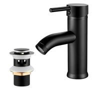 kisimixer Robinet mitigeur de lavabo noir avec bonde à clapet perforée, levier unique chaud et froid en acier inoxydable, robinets de lavabo de salle de bain avec tuyaux G1/2