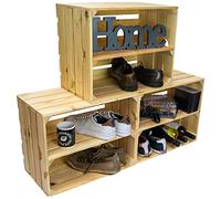 Kistenkolli Altes Land Johanna Lot de 3 cageots en bois massif avec étagère centrale - bibliothèque ou meuble à chaussures - 50 x 40 x 30 cm - Bois naturel non verni avec étagère en longueur
