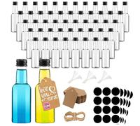 Kiswleon Lot de 50 bouteilles miniatures en plastique pour alcool de 50 ml, mini-bouteilles avec bouchons à vis, étiquette, entonnoir, cordes - Petite bouteille réutilisable vide pour cadeaux de