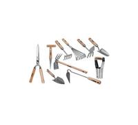 VITO - Kit 10 Outils de Jardinage en Acier Inoxydable et Fer Forgé Manche en Bois Ergonomique Set Complet pour Entretien Potager Massifs et Plantation Fabriqué au Portugal