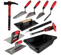 Kit 11 outils maçonnerie - 4 truelles - Taloche - platoir - Auge 10L - Fer à bordure - Torsadeuse fil de fer - Marteau - Burin