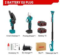 Kit 2-en-1 pour élagage - Tronçonneuse télescopique et sécateur - Lame de 15 cm - Moteur sans balais - 18 V, 3500 W - 2 batteries - Braun