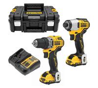 Kit 2 outils XR 12V Brushless Perceuse visseuse DCD701 - Visseuse à chocs DCF801 - DEWALT - avec 2 batteries 12v 3Ah - chargeur - coffret - DCK2110L2T
