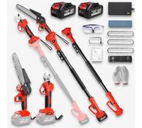 Kit 4-en-1 Élagueuse Sur Perche Sans Fil & Sécateur Électrique Jusqu'à 4,9m | Perche Télescopique 1,1 à 2,5 m, Tête Rotative 180°, 6 Pouces Mini Tronçonneuse, Moteur Brushless 900 W, 2 Batteries 4,0 Ah