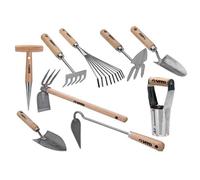 Kit 9 outils de jardin Manche bois Hêtre Inox et Fer forgés à la main VITO