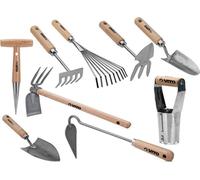 Kit 9 outils de jardin Manche bois Hêtre Inox et Fer forgés à la main VITO