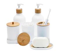 Kit accessoires salle de bains 2 Flacons Shampoing avec 2 Bocal Coton-Tige | Savonnière avec Verre à Dents et Plateau pour Salle de Bain, Plan de Travail Cuisine, Rangement Dormitoire