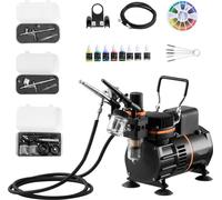 Kit aérographe 1/6 PS - Compresseur d'air avec 3 pistolets Dual Action Airbrush - Buses 0,3/0,3/0,8 mm - Tuyau & peinture acrylique - 2 ventilateurs - Pour la décoration de gâteaux, la peinture de mod