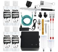 Kit aérographe avec compresseur - Pistolet aérographe double action - 0,2 / 0,3 / 0,5 mm - Avec 4 x 100 ml de nettoyant
