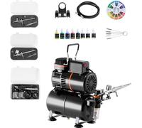 Kit aérographe SucceBuy 1/6 CV avec compresseur et réservoir, double action, 3 pistolets aérographes avec buses (0,3/0,3/0,5 mm), tuyau, peinture acrylique et 2 ventilateurs, idéal pour la décoration