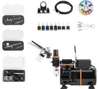 Kit aérographe SucceBuy 1/6 PS avec compresseur d'air, 3 pistolets Dual-Action avec buses (0,3/0,3/0,8 mm), tuyau, peinture acrylique et 2 ventilateurs, idéal pour la décoration de gâteaux, le modélis