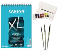 Kit aquarelle : Bloc Canson XL format A4, 30 feuilles, 12 couleurs, 3 pinceaux