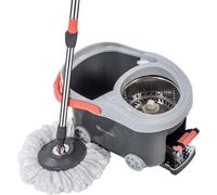 Kit balai à franges avec seau - Balai rotatif - Avec roulettes - Microfibre - Manche 128 cm - Gris