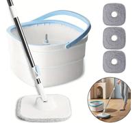 Kit balai à franges avec seau - Sépare l'eau propre de l'eau sale - Essorage manuel par pression et centrifugation - Manche télescopique en acier - 4 patins en microfibres - 30 × 30 × 18 cm - Blanc