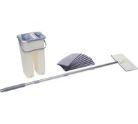 Kit balai à franges - balai à franges plat - seau à 2 compartiments, 8 l, pivotant à 360°, manche en acier inoxydable, 128 cm, 10 chiffons en microfibres - jaune clair