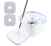 Kit balai à franges et seau - Balai à franges plat - Rotation à 360° - Système de rinçage et d'essorage - Tampons en microfibres - Pour parquets, carrelages et sols stratifiés