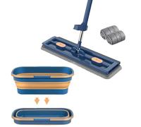 Kit Balai Serpillère Et Seau, Grande Serpillière Plate avec 2 Tampons en Fibre Super Absorbants Et Utilisation Humide Et Sèche, Balai Plat Réglable Rotative À 360 avec Seau Pliable À Roulette