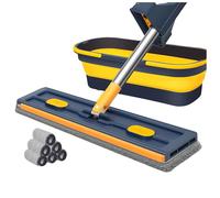 Kit Balai Serpillère et Seau, Grande Serpillière Plate avec Tampons en Fibre Super Absorbants et Utilisation Humide et Sèche, Compression Automatique de l'eau (Bleu)