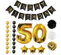 Kit Ballons 50ème Anniversaire, Noir et Or, 31 Pièces, Chiffre Géant 101,6 cm, Guirlande Happy Birthday, Pompons, Étoiles