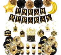 Kit Ballons Umrah Mubarak Décoration, Fête Islamique Guirlande Suspendus | Kit complet de ballons Umrah Mubarak, design élégant noir et or, parfait pour accueillir les pèlerins de l’Umrah