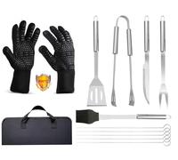 Kit Barbecue 9 Pièces en Acier Inoxydable avec Gants Résistants à 800°C (1472°F) - Ustensiles de Cuisine pour Grillade, Camping, Cadeau Homme - Sac de Transport Inclus