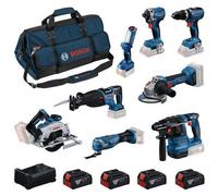 Kit batterie 8 outils : 18V GBH 18V-22, GWS 18V-8, GDR 18V-215, GSB 18V-65, GKS 18V-57-2, GSA 18V-28, GOP 18V-34, GLI 18V-300 4x GBA 5.0Ah et chargeur GAL 12V/18V-80 dans sac à outils - BOSCH - 0615V0