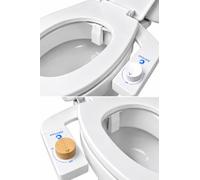 Kit Bidet WC Japonais Réversible Gauche ou Droite Toilette Japonaise Sans Électricité, 2 Buses Lavage Arrière & Féminin, Buse Relevable Auto-Nettoyante, Raccord T Ultra-Compact - Blanc ou Bambou