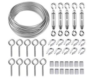 Kit câble inox 30,5 m avec tendeur M5, crochets œil et manchons - PVC résistant aux intempéries
