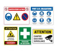 Kit Chantier BTP 5 Panneaux de Sécurité - Signalisation Chantier Professionnelle - Port EPI Obligatoire - Travaux en Cours - Vidéosurveillance - Trousse de Secours - Intérieur Extérieur - PVC 3mm