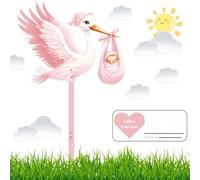 Kit cigogne à clapette pour naissance bébé - 83 cm de haut - Grande cigogne mignonne en bois - Imprimé des deux côtés - Cigogne de naissance avec bâton en bois + plaque nominative - Carte de vœux