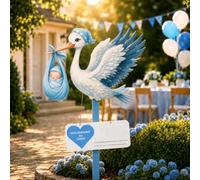 Kit cigogne à clapette pour naissance bébé - 83 cm de haut - Grande cigogne mignonne en bois - Imprimé des deux côtés - Cigogne de naissance avec bâton en bois + plaque nominative - Carte de vœux
