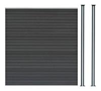 Kit Clôture 1 Panneau Composite Plastique Gris 9 Lames à Emboîter 185 cm H x 180 cm L & 2 Poteaux en Aluminium à LED Solaires Texture de Bois Reversible PVC Brise-Vue Extérieur Jardin Mur d'Intimité