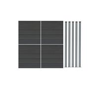 Kit Clôture 4 Panneaux Composite Plastique Gris 9 Lames à Emboîter 185 cm H x 699 cm L & 5 Poteaux en Aluminium à LED Solaires Texture de Bois