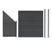 Kit Clôture Panneaux en Bois Composite Gris 1 Quadratique et 1 Incliné 185 H x 273 cm L & 2 Poteaux en Aluminium à LED Solaires Lames à Emboîter