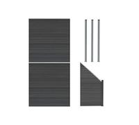 Kit Clôture Panneaux en Bois Composite Gris 2 Quadratique et 1 Incliné 185 H x 446 cm L & 3 Poteaux en Aluminium à LED Solaires Lames à Emboîter