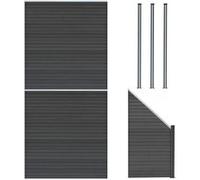 Kit Clôture Panneaux en Bois Composite Gris 2 Quadratique et 1 Incliné 185 H x 446 cm L & 3 Poteaux en Aluminium à LED Solaires Lames à Emboîter Texture Bois Reversible PVC Brise-Vue Extérieur Jardin