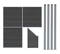 Kit Clôture Panneaux en Bois Composite Gris 3 Quadratique et 1 Incliné 185 H x 619 cm L & 4 Poteaux en Aluminium à LED Solaires Lames à Emboîter